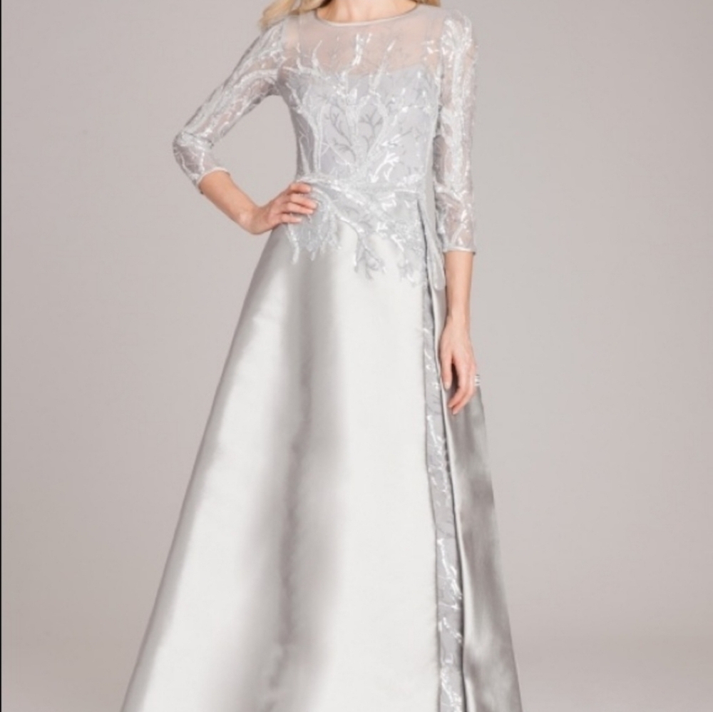 Teri Jon Silver Silk Gazar Gown with Sequin Overlay size 8